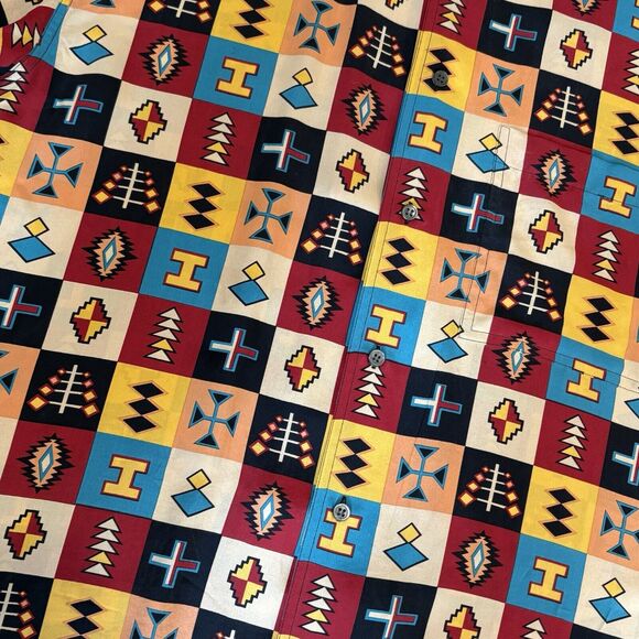 VINTAGE TIMNEY FOWLER FOR GO SILK ALL OVER PRINT MENS SHIRT Large Medium Tribal - Picture 5 of 11